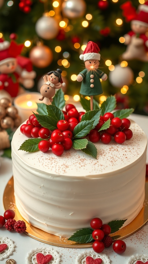A Christmas cake decorated with fondant, fresh fruits, and edible glitter on a festive table.